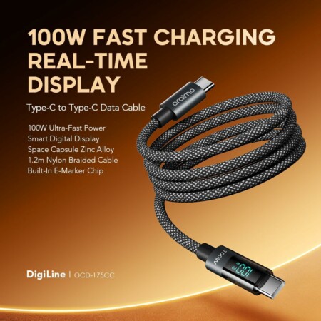 raimo OCD-175CC USB-C to USB-C Fast Charging Cable 100W 5A Charging & High-Speed Data Sync For USB-C Devices, Length 1.2M Nylon Braided Cable - Black Brand: Oraimo